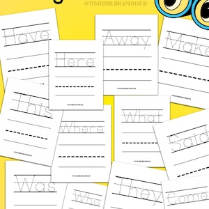 May include: White worksheets with sight words like "Have", "Here", and "Away" are displayed on a yellow background. The worksheets have dotted lines for tracing and solid lines for writing. The text "20 Sight Words" is at the top.