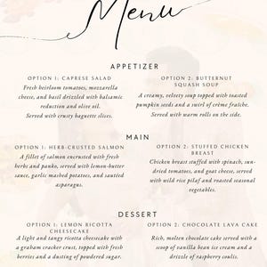 Menu per la prova di matrimonio, modello di menu a tre portate, modello di menu Canva, menu per la cena di nozze, modello di menu per la cena di prova Canva, matrimonio