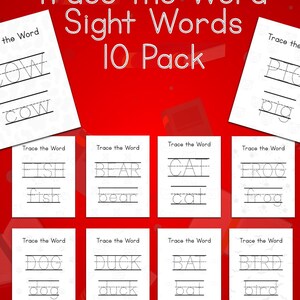 May include: A red background with white text that reads "Trace the Word Sight Words 10 Pack" and "Instant Download." The image shows ten white cards with sight words like "cow," "pig," "fish," and "dog" for tracing.