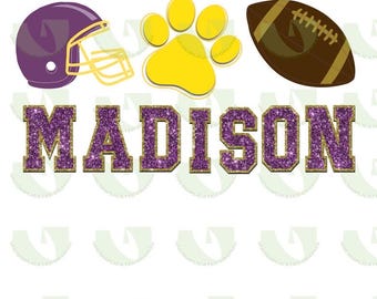 May include: Purple and gold glitter design with the name MADISON, a football, a paw print, and a purple football helmet.