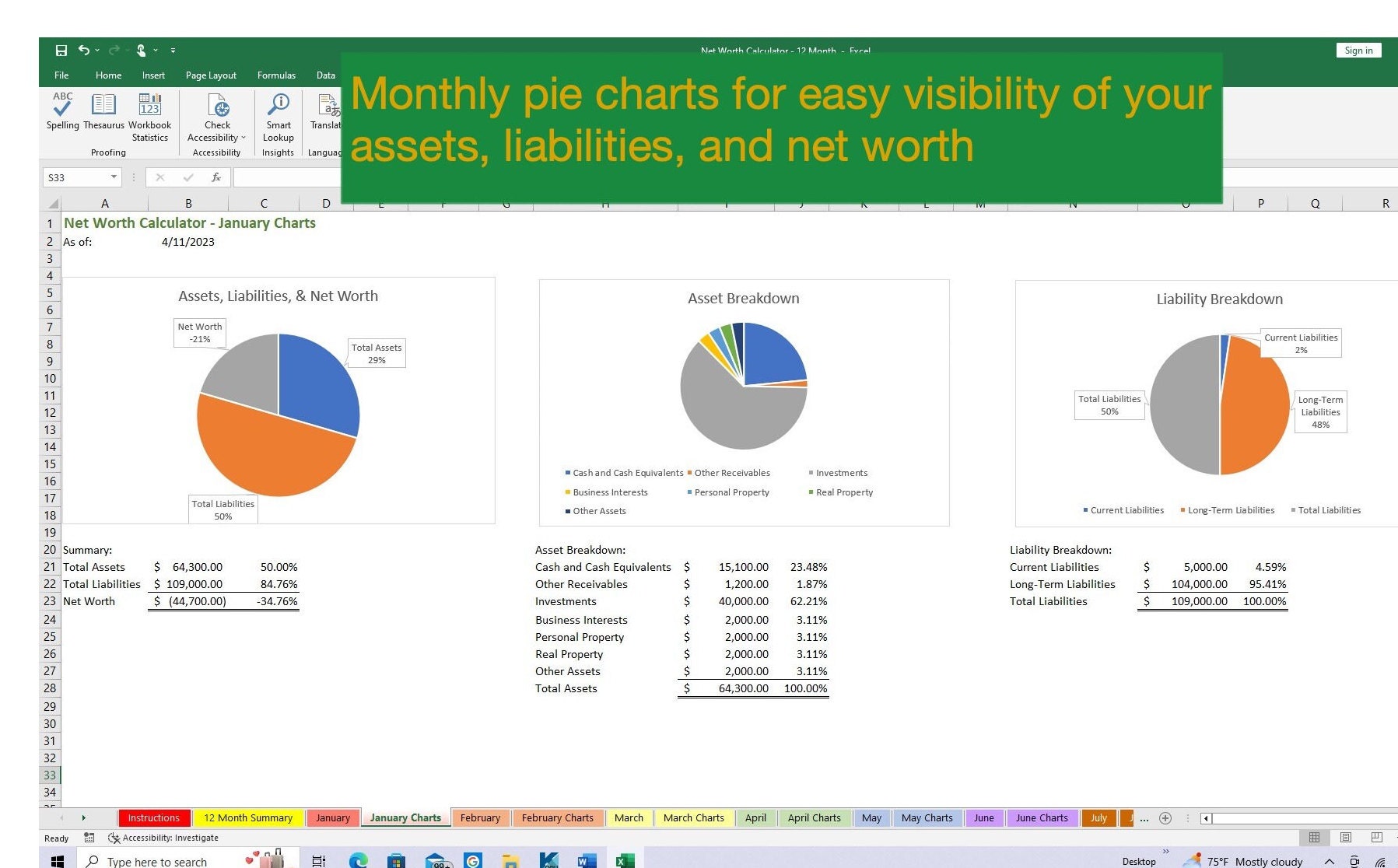 Net Worth Calculator 12 Months for Excel, Net Worth Template, Assets and Liabilities Tracker