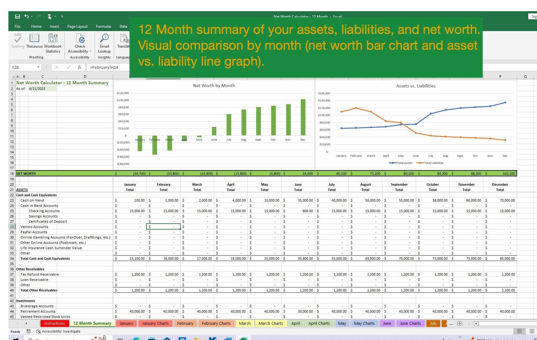 Net Worth Calculator 12 Months for Excel, Net Worth Template, Assets