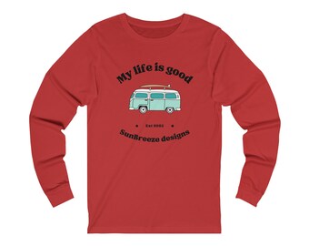 Ma vie est bonne, Teal Retro, Surf, Van, Année d'établissement, T-shirt à manches longues en jersey unisexe