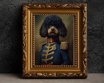 Caniche en uniforme militar Vintage histórico perro pared arte impresión divertido mascota regalo digital descargar ejército inspirado retrato pintura histórica