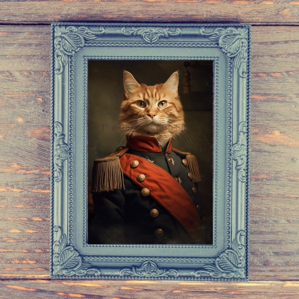 Historical Ginger Cat Wall Art Print Vintage Historical Painting Style Portrait of Ginger Cat with Military Army Uniform Fun Pet Gift