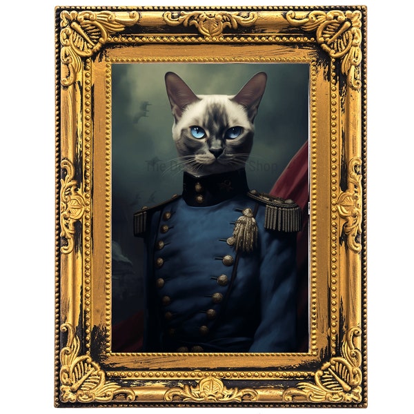 Historical Siamese Cat Wall Art Print Vintage Historical Painting Style Portrait of Siamese Cat with Military Army Uniform Fun Pet Gift