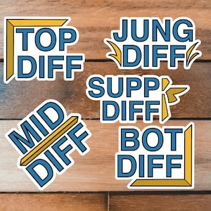 May include: Five stickers with different League of Legends role names and the word "DIFF" in blue and yellow. The roles are Top, Jungle, Mid, Support, and Bot.
