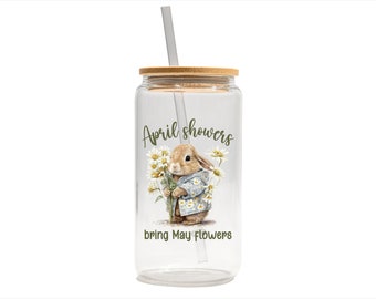 Iced Coffee Cup Glass Can Bamboo Lid with Re-usable Straw Coffee Cup Sipper Glass Gift Tumbler Bunny Lover Floral Glass Cup Spring Theme
