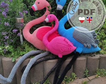 Crochet Pattern Flamingo with Videos, Amigurumi toys, Animals Pattern, Handmade project, Easy crochet Bird, Polish and English Pattern