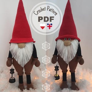 May include: Crochet pattern PDF for making a gnome with a red hat, brown pants, and a white beard. The pattern is available in Polish and English.