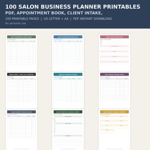 May include: A collection of 100 salon business planner printables in PDF format, including appointment books, client intake forms, service menus, price lists, inventory trackers, income trackers, expense trackers, marketing planners, and weekly planners.