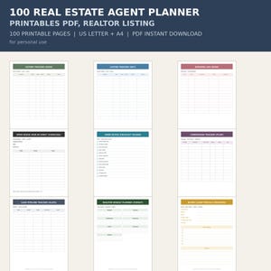 May include: A digital real estate agent planner with 100 printable pages in US Letter and A4 sizes. The document includes various tracking sheets like listing trackers, showing logs, commission trackers, and checklists in multiple colour themes.
