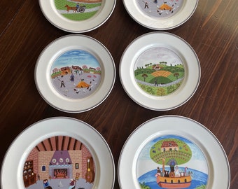 1980s Villeroy & Boch Design Naif 6-Plate Set — 2 10.5" dinner plates, 4 8.25" salad plates — Porcelain — Made in Luxembourg