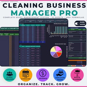 May include: A digital cleaning business manager template with multiple data visualizations, including charts and tables. The template includes sections for inventory, expenses, and revenue. The text "CLEANING BUSINESS MANAGER PRO" is at the top.
