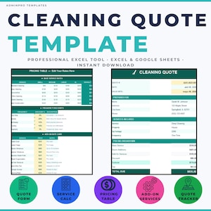 Op de afbeelding: Een turquoise en witte schoonmaakofferte sjabloon met de woorden "CLEANING QUOTE TEMPLATE" in grote letters. De sjabloon bevat secties voor prijzen, diensten en een offerte-uitsplitsing. Pictogrammen voor offerteformulier, serviceberekening, prijstabel, add-on services en offertetracker staan onderaan.