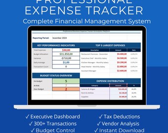 Professional Expense Tracker Excel, Small Business Budget Template, Financial Analytics Dashboard, Tax Ready