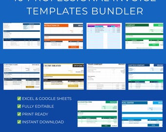10 Professional Invoice Templates Bundle | Excel Google Sheets | Printable Editable Business Invoice Form | Instant Download