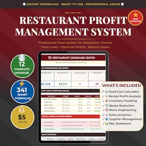 May include: A digital product advertisement for a restaurant profit management system. The image features a tablet displaying key performance indicators, recipe details, and a list of included features like food cost calculator and inventory tracking. The design is burgundy and white.