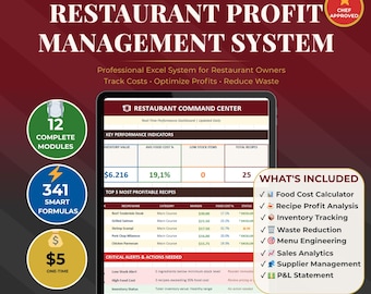 Restaurant Profit System Excel Template | Food Cost Calculator, Inventory Tracker, Google Sheets