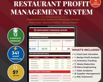 Plantilla de Excel para restaurantes / Calculadora de costos de alimentos / Hoja de cálculo para gestión de inventario / Diseño de menús / Panel de control de seguimiento de ganancias