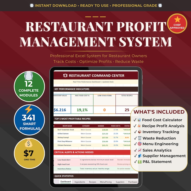 Excel-sjabloon voor restaurants | Voedselkostencalculator | Spreadsheet voorraadbeheer | Menu-engineering | Dashboard voor winsttracking afbeelding 1