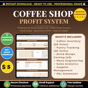May include: A digital product advertisement for a "Coffee Shop Profit System." The image features a tablet displaying an Excel dashboard, with text highlighting features like inventory tracking, menu engineering, and sales analytics. The price is $5.