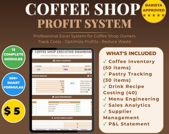 Coffee Shop Profit System | Excel Business Template | Inventory Cost Calculator | Restaurant Management Tool
