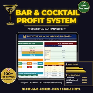 Puede incluir: Un sistema digital de gestión de bares con un gráfico de copa de cóctel. La pantalla muestra datos financieros, incluyendo tendencias de ventas y los cócteles más populares como Margarita. El sistema incluye 523 fórmulas y 8 hojas para Excel y Google Sheets.