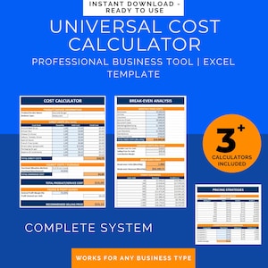 May include: A digital product image with a blue background features a "Universal Cost Calculator" Excel template. The image includes three calculators, a cost calculator, break-even analysis, and pricing strategies. Text includes "Instant Download - Ready to Use."