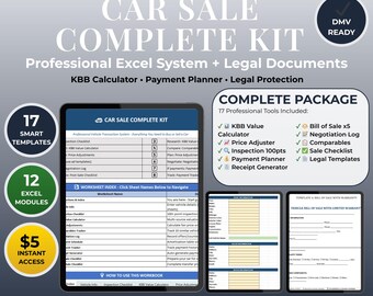 Car Sale Complete Kit | Bill of Sale Template | Vehicle Purchase Agreement | KBB Calculator Excel | Auto Inspection Checklist