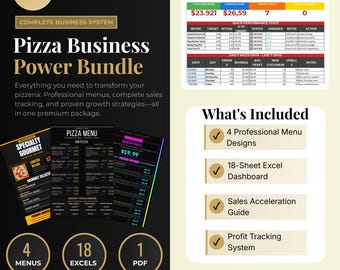 Pizzeria Business Kit | Menu Templates, Excel Tracker (Digital Download), Menu Free