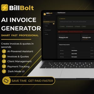 May include: A laptop displaying the BillBolt AI invoice generator dashboard with a dark mode interface. The screen shows financial data, client lists, and an AI assistant prompt. Text includes BillBolt, AI Invoice Generator, Smart Fast Professional, and Save Time Get Paid Faster.