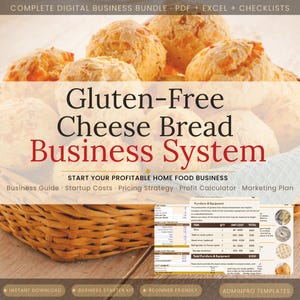 Puede incluir: Una cesta de pan de queso sin gluten de color marrón dorado, con una guía del sistema empresarial. El texto dice "Gluten-Free Cheese Bread Business System" e incluye información sobre los costos de inicio y marketing.