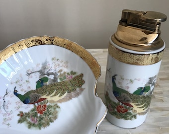 Vintage Cigarette Lighter Peacock design and matching porcelain dish made in Japan
