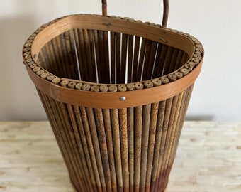 Vintage Handmade Burnt Stick Bamboo Basket Rare piece