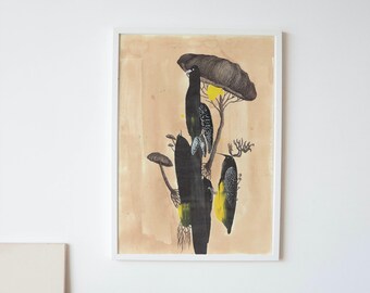 Ilustración de pájaros y setas, obra original sobre papel, cuadro de animales fantásticos