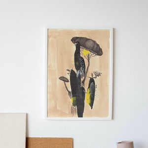 Illustrazione di uccelli e funghi, opera originale su carta, dipinto animali fantastici