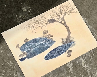 Ilustración de corazón y setas, obra original, pieza única, árbol con nido