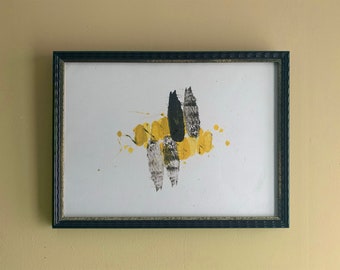 Pintura abstracta sobre papel, pintura negra y amarilla, monotipo, calcografía, trabajo con marco artesanal