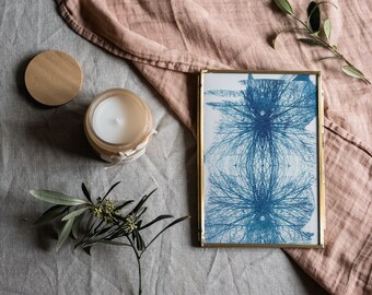 Cianotipo sobre papel elaborado con motivos de ramas, impresión fotográfica hecha a mano.