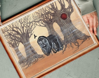 Cuento de hadas ilustrado, bruja malvada en el bosque, ilustración de cuento de hadas en papel, arte original