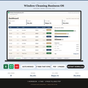 Pode incluir: Um painel digital Window Cleaning Business OS exibido em uma tela, disponível em formatos Excel, Google Sheets e PDF preenchível. A interface inclui guias para rastreamento de clientes, orçamentos, faturamento automático e métricas de lucro.
