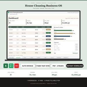 Peut inclure: Un modèle de tableau de bord numérique House Cleaning Business OS pour Excel, Google Sheets et PDF remplissable. L'interface affiche les journaux de travail, les revenus, les dépenses et des graphiques de statut avec une mise en page claire.
