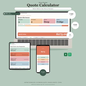 Peut inclure: Un calculateur de devis de nettoyage domestique numérique affiché sur un ordinateur portable, une tablette et un smartphone. L'interface présente des champs de saisie colorés pour les chambres, salles de bain, services et options.