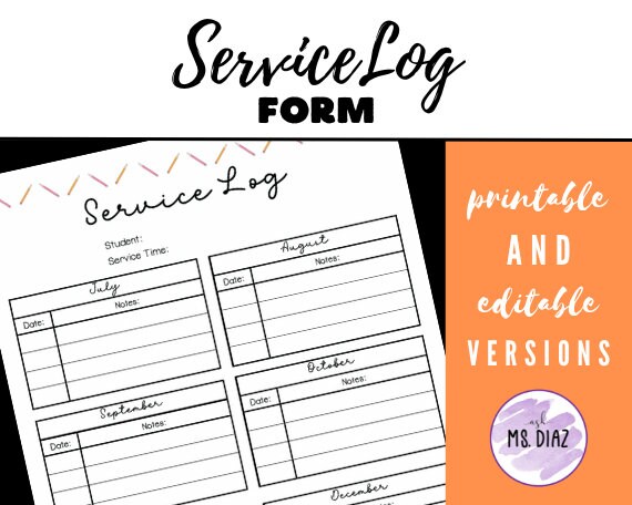 Service Log Service Tracker Printable Service Log Digital - Etsy
