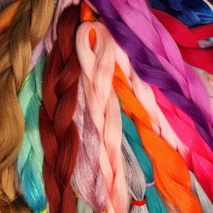 May include: A selection of vibrant synthetic braiding hair in shades of pink, purple, orange, and blue. The hair is braided and held with small elastic bands, displaying a range of textures and colours for hairstyling.