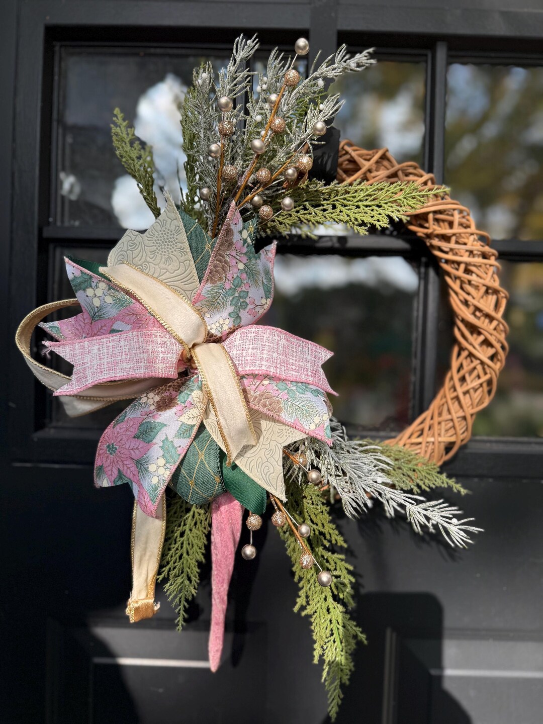 Pink and Green Rattan Christmas Wreath - Etsy