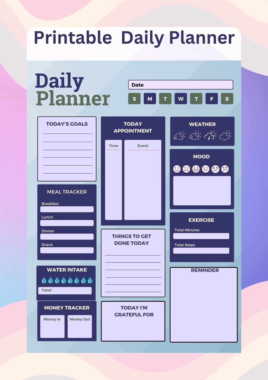 Printable Digital Daily Planner Day Organizer Goal Tracker Fitness ...