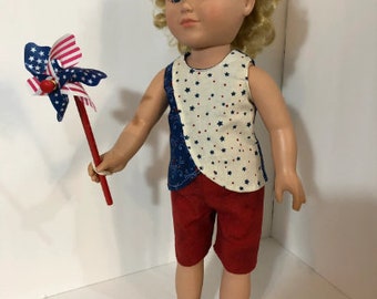 Blue and White stars bicolor shirt and red shorts for 18" play dolls like American Girl, My Life As, or other similarly sized dolls.