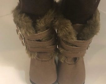 Brown Suede boots with 3 buckles and faux fur trim.  sized for 18" play dolls like American Girl or My Life As.